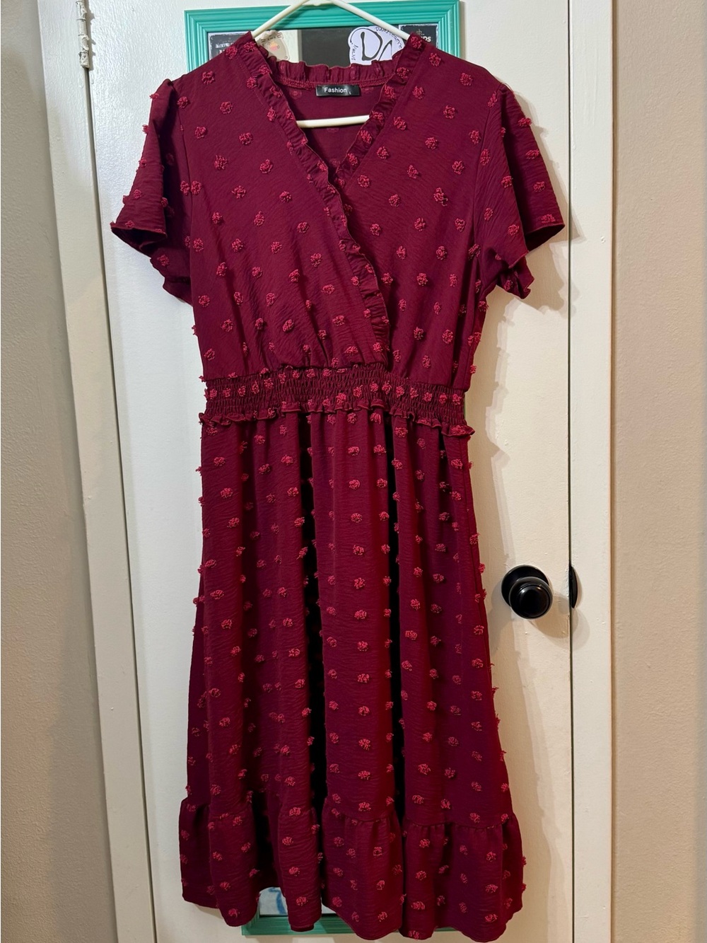 Textured Wrap-Style Midi Dress in Burgundy